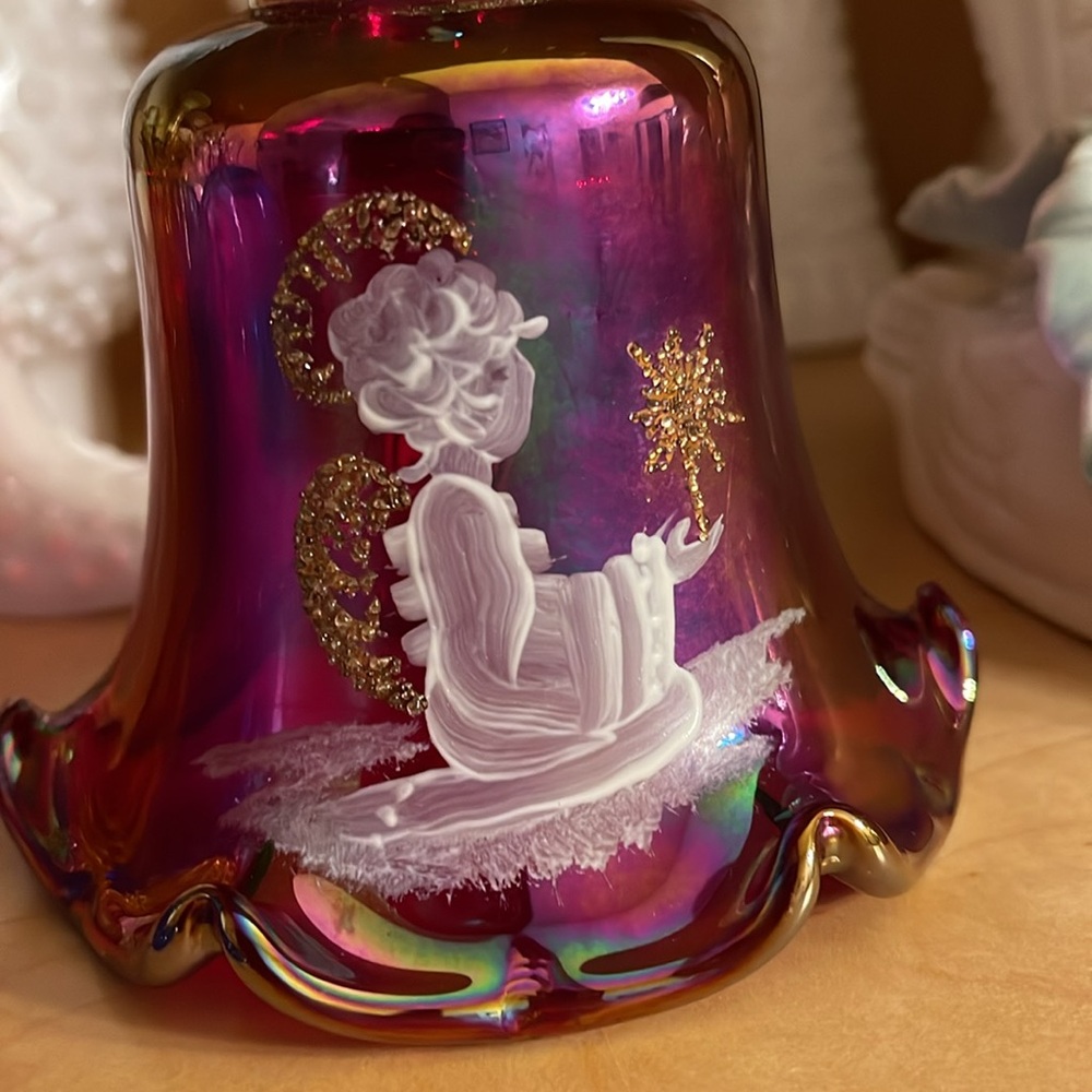 Fenton Ruffled Iridescent Glass Bell signed, under UV light part glow orange